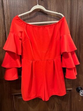 VENUS Red Off-Shoulder Ruffled Sleeve Romper